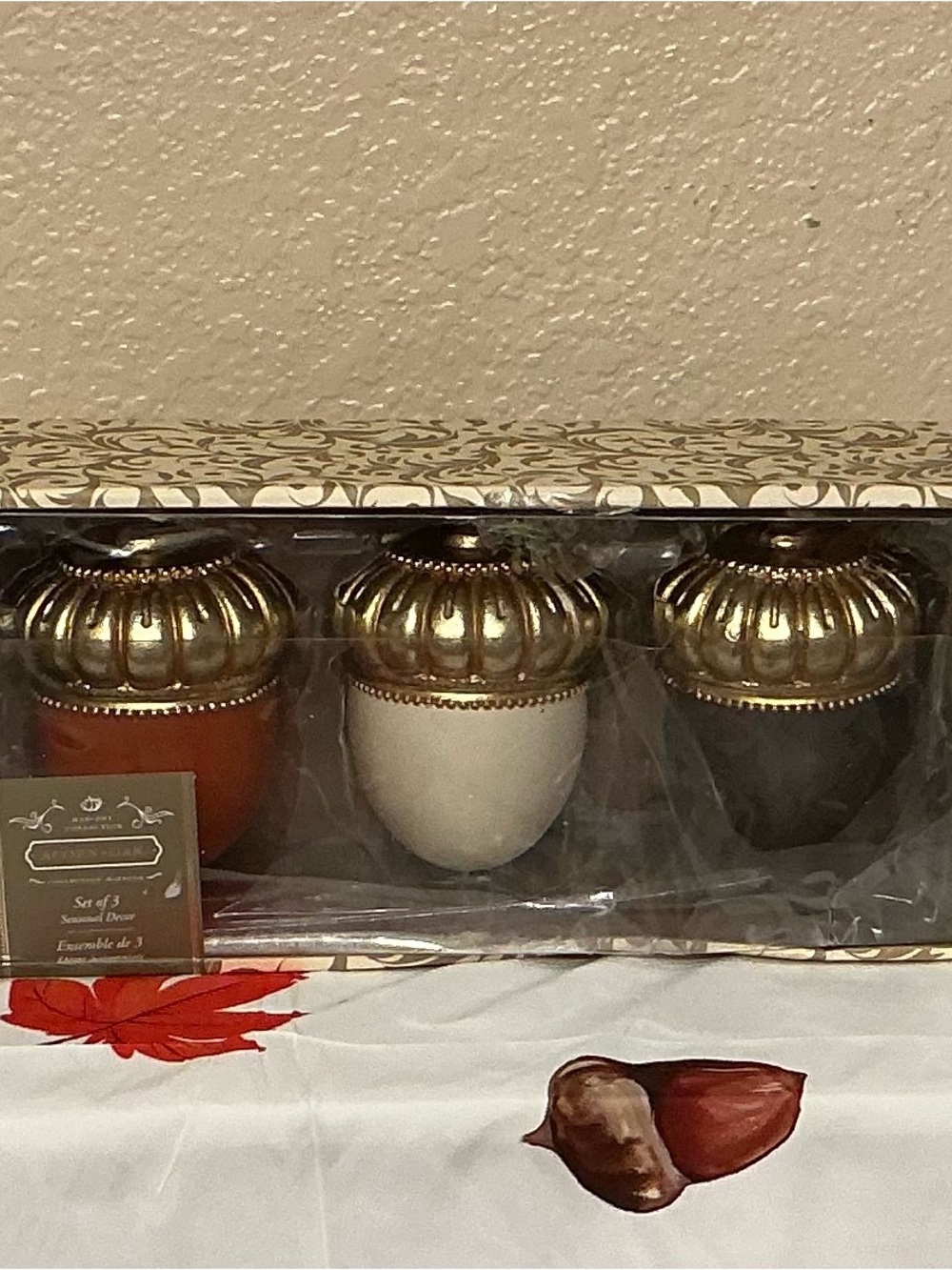 Set of 3 Decorative Resin Acorn Accent Pieces - Orange, White, Dark Green